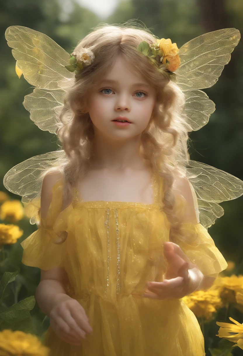 little fairys，The transparent wings of the little fairy，Flying，Yellow dress，，Full body like，Meadow woods，(refractions,Reflection:1.3)，Scratch the surface，Faraway view，Long shots