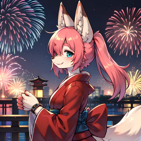 furry, there's one woman., full entire body, fur details, foxtail, fox ears, pink skin fur, hair(long, hair is straight and fluf...