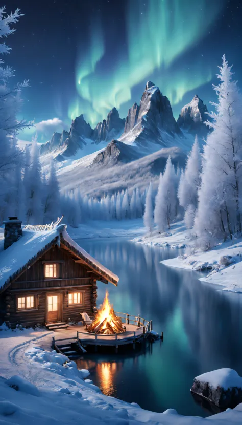 Starry night, (Rime)，Northern Lights, Towering snow-capped mountains, bonfires，A chalet in the middle of the winter forest，Froze...