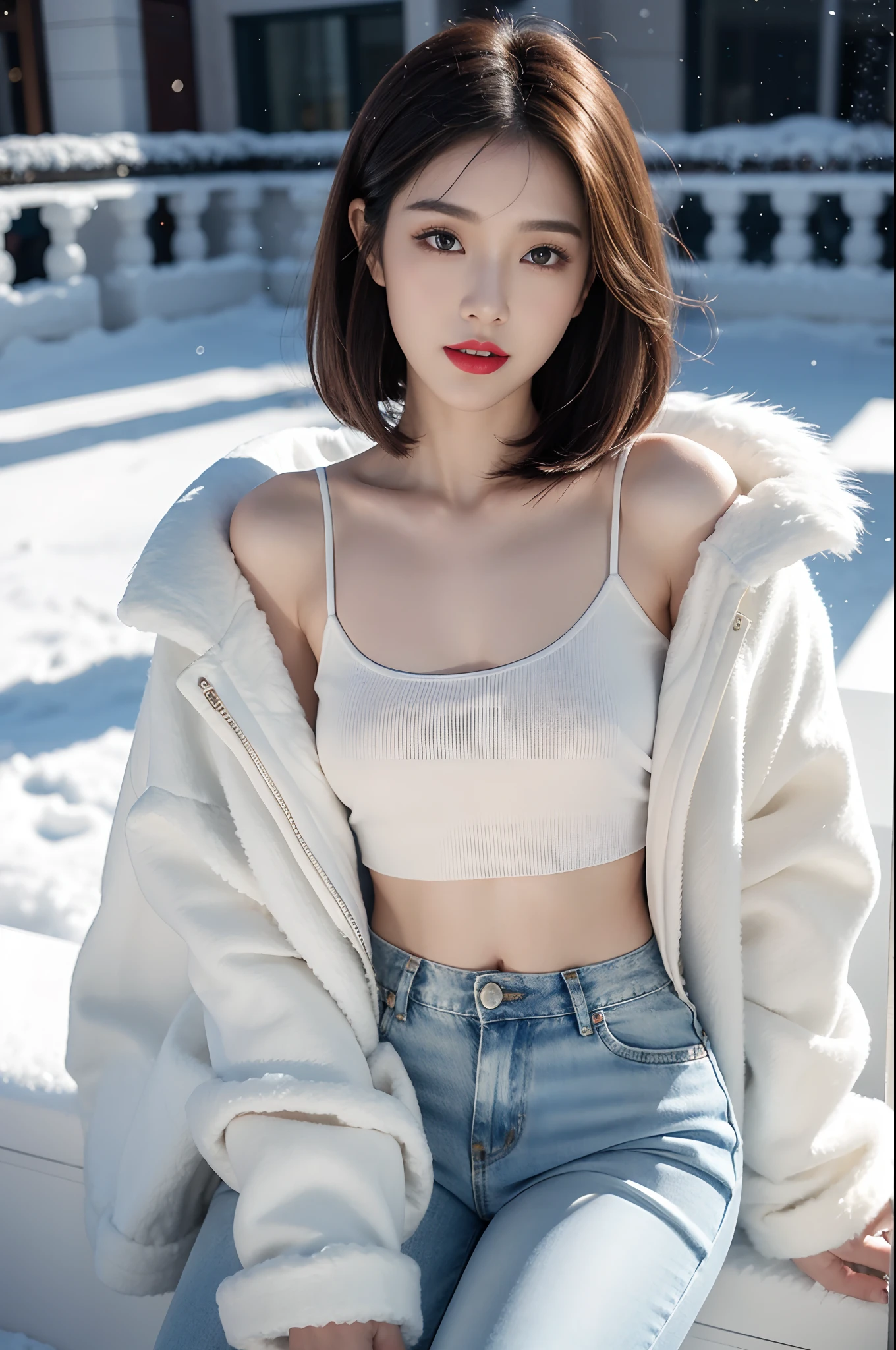 best quality, 4k, 8k, Detailed faces, clear face, a pretty girl, Korean makeup, Red lips,laugh, perfect body,shoulder length straight bob hair,small breasts,thigh,slim,thin, The girl wears a wide white mink fur coat, Underneath the jacket was white sweater and denimpants, Snowscape, winter, garden,