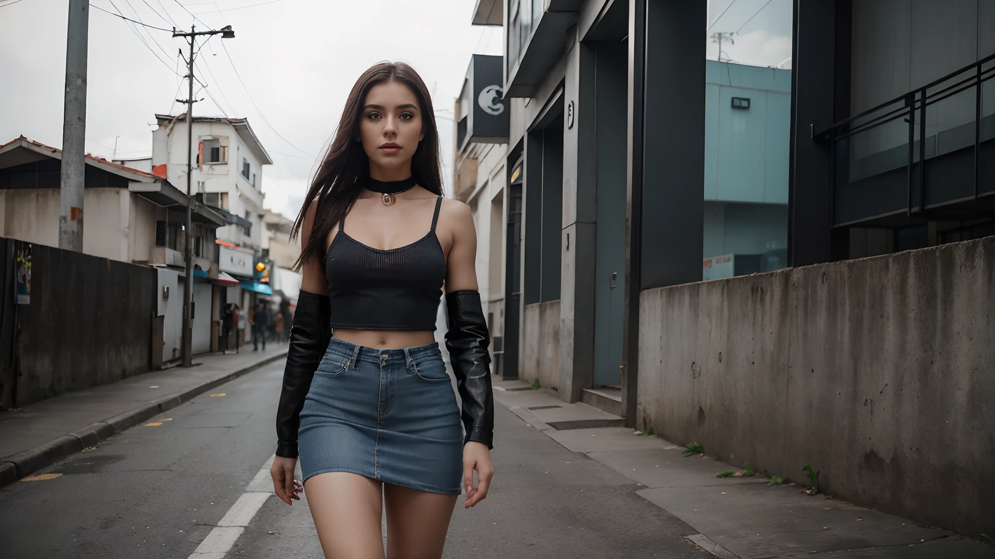 There is a woman walking down a street with a black top - SeaArt AI