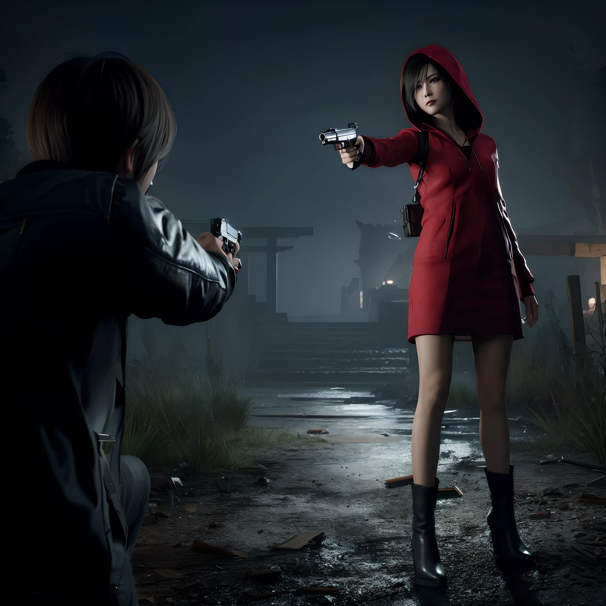 Ada wong, beautiful face, detailed, bob hair, perfect Face, wearing mini red dress hoody, wearing hoody, black nail polish, friendly face, glare, red heels, holding a gun