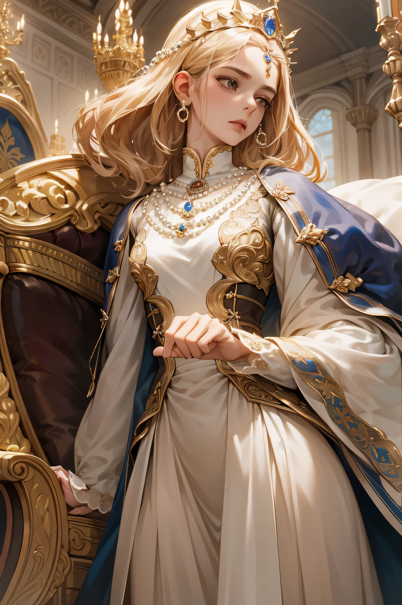 (best quality,4K,highres,master part:1.2),Woman,Queen,silver armor,ornate armor,detailed hands,hands open,golden crown,long blondie hair,sparkling armor,regal pose,strong look,castle backdrop,Royal Throne,opulent surroundings,pearls necklace,fine craftsmanship,Royal insignia,imposing presence,rich color palette,impressive stature,oscillating step,noble bearing,Majestic Background,Elaborate engravings,Projecting shadows,imposing figure,immaculate detailing,bright highlights,Subtle Reflections,coManaging Presence,grandiose scenery,exquisite attention to detail,Luminous aura,striking composition,shiny jewellery,fierce expression,illusion of motion,powerful aura,historical setting,royal outfit,Aristocratic elegance,aura of authority,Inflexible force,CoManédando Aura,noble,captivating presence,severe countenance,dominant figure