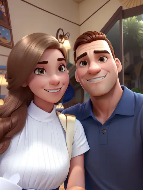 Casal (homem branco, cabelo loiro, e mulher branca, cabelo ruivo) no estilo Disney Pixar, alta qualidade, melhor qualidade.