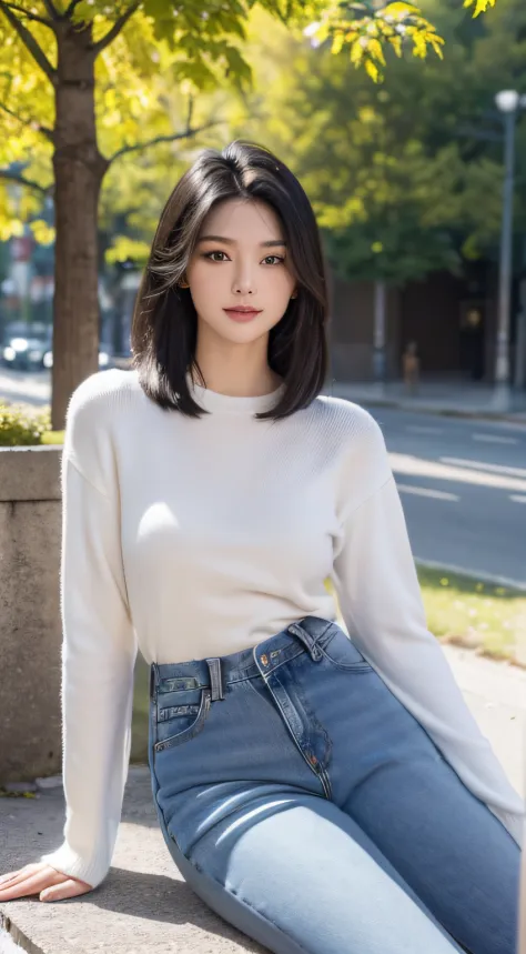 (best qualtiy，8K，tmasterpiece:1.3)，(sharp fokus:1.2)，ccurateblack hair，ssmile，(one-girl:1.2)，(with a well-proportioned body:1.4)，（Short sweater：1.4）(denim pant:1.2)，outside，autumnal，rays of sunshine，Fine face，beautidful eyes，Straight legs