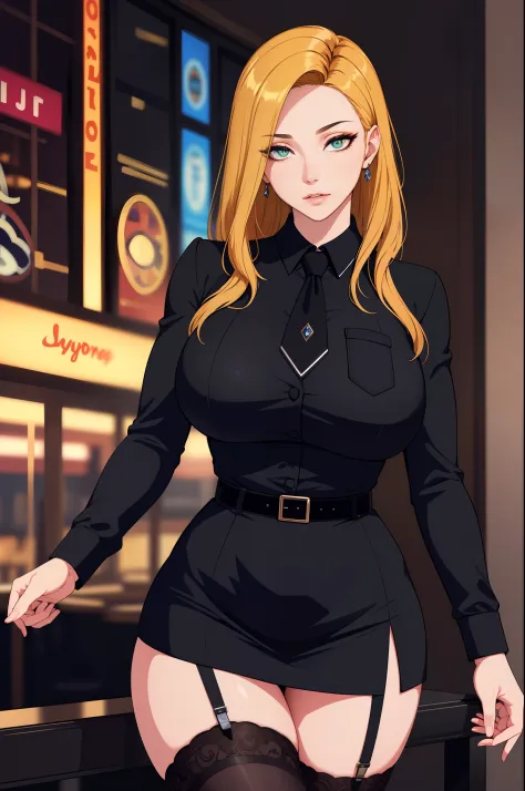(masterpiece, highres, best quality:1.2), 8K, highly detailed, intricate, colorful, vibrant image, sharp focus, cinematic)  blonde hair, long hair, green eyes, body builder (Wearing black business outfit, black_collared shirt cropped jacket ,tie,necktie,bl...