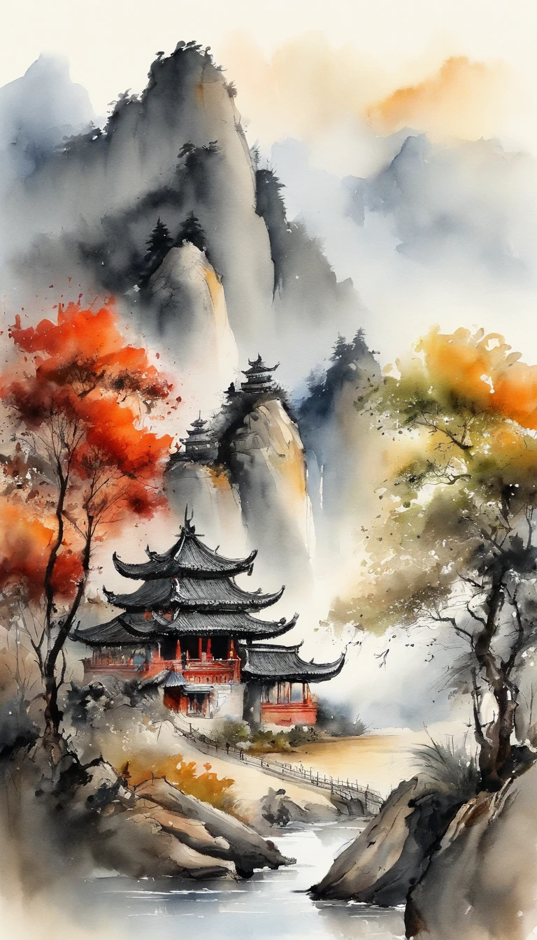 中国山水画，水墨画和水彩画- SeaArt AI