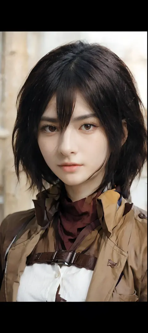 1. Mikasa Realistic use in a white shirt and a chocolate jacket with perfect details