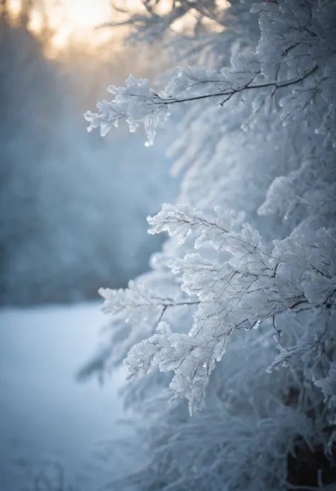 (Frosted crystals,Frost on the leaves,Ethereal atmosphere),Winter wonderland,Surreal landscape,Icy branches  [A glorious sunset:1.1],  [muted pastels],  [Subtle shadows],  [Sparkling snow],  [Clear details],  [delicate textures],  [Sublime beauty],  [Dream...