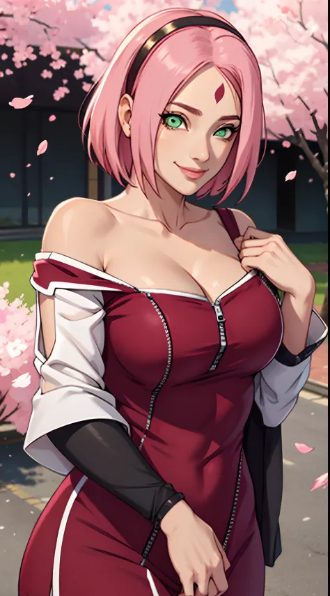 tmasterpiece， Best quality at best， 1girll， Sakura Haruno， Large breasts，Off-the-shoulder attire，（cleavage)，（upperbody closeup)，Raised sexy，is shy，smile，with pink hair， long whitr hair， （Green eyeballs:1.4)， Forehead protection， the cherry trees，Cherry blo...