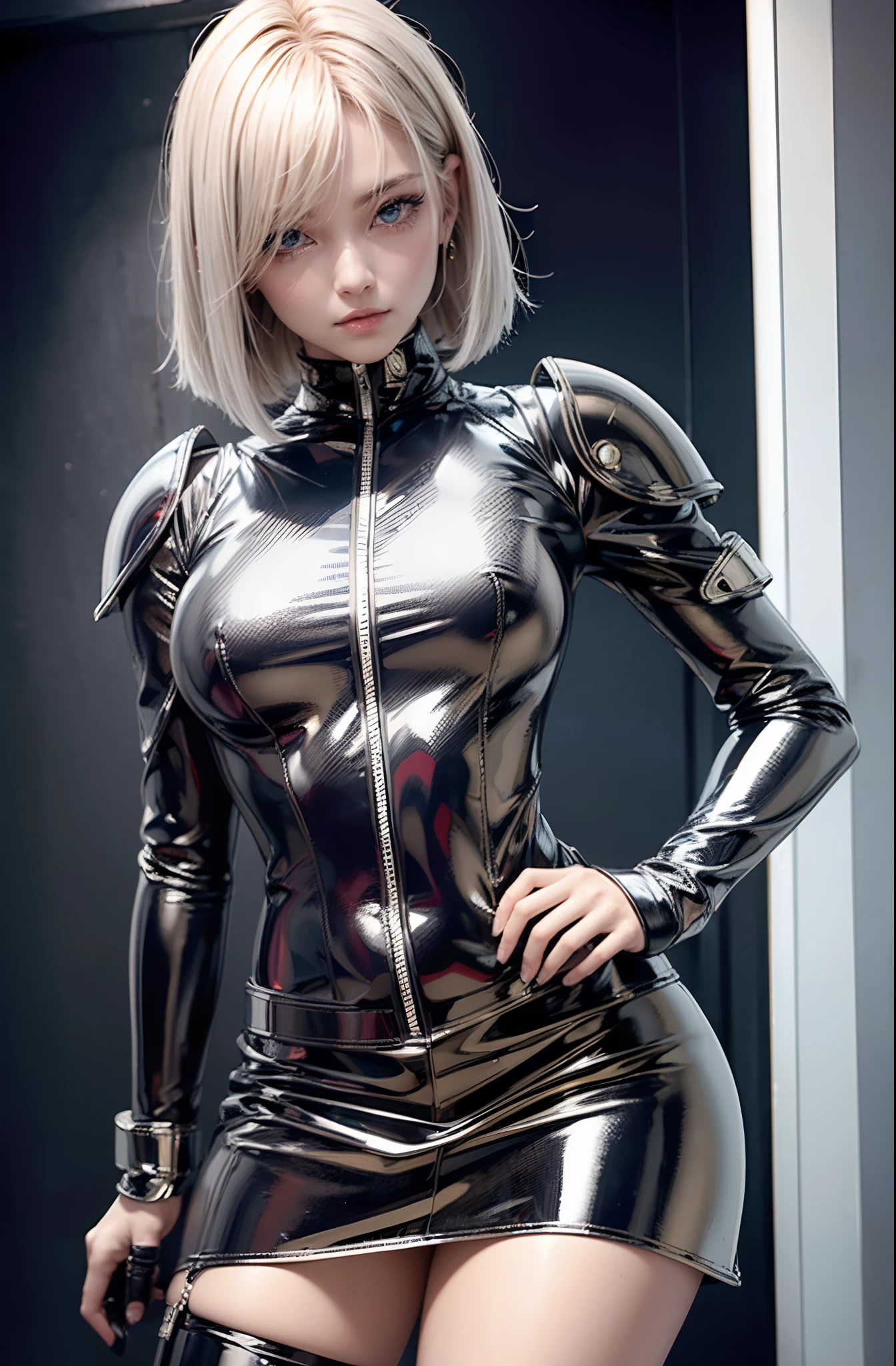 The best quality, high resolution, Y18, 1girl in, Android 18, only, blond hair, blue eyes, short hair, lovely smile，earrings, jewely, very big chest, Woman in black leather clothing posing for photo, Golden Uniform, Silver armor and gold clothing, Shiny plastic armor skirt, Cyberpunk Shiny Latex Skirt, chrome suit, Futuristic shiny latex skirt, Shiny from the rain, shiny latex, shiny shiny reflective