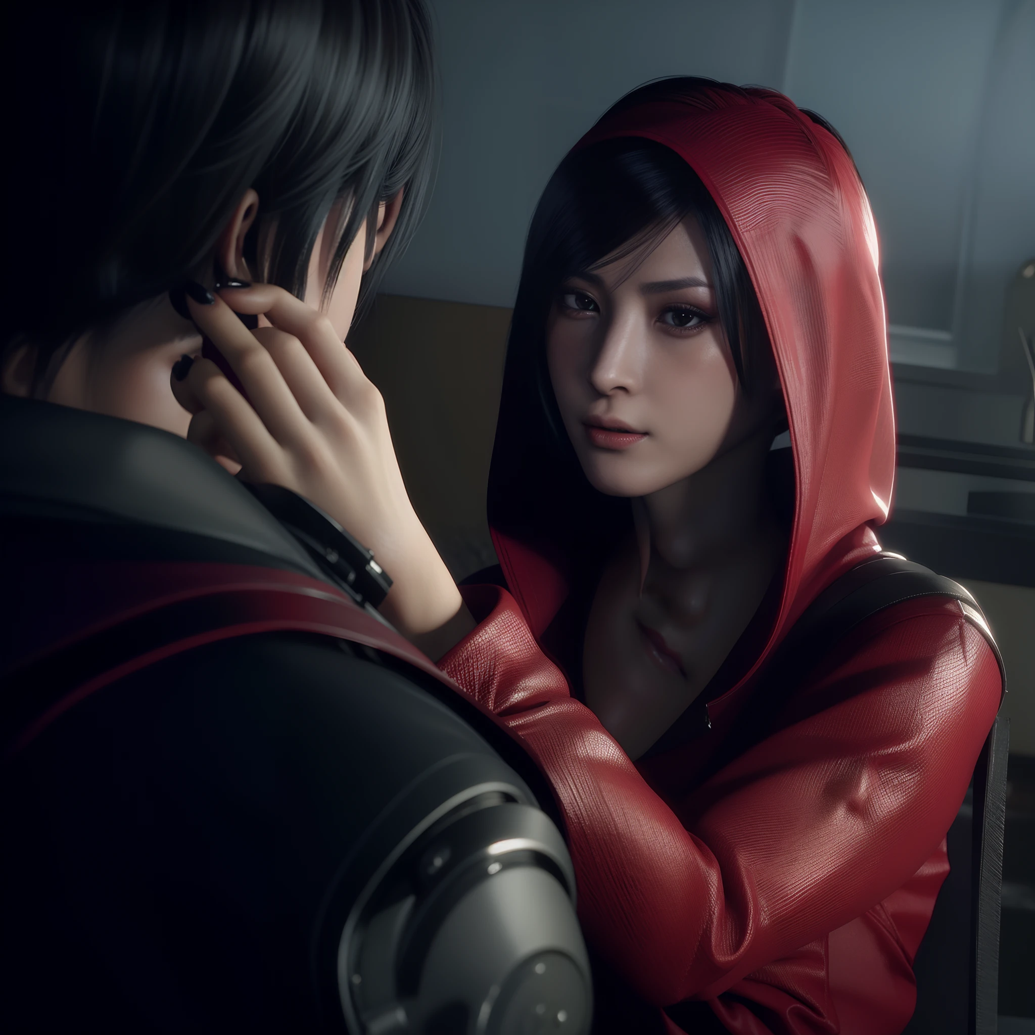 Ada wong, beautiful face, detailed, bob hair, perfect Face, wearing mini red dress hoody, wearing hoody, black nail polish, friendly face, glare, red heels, vg