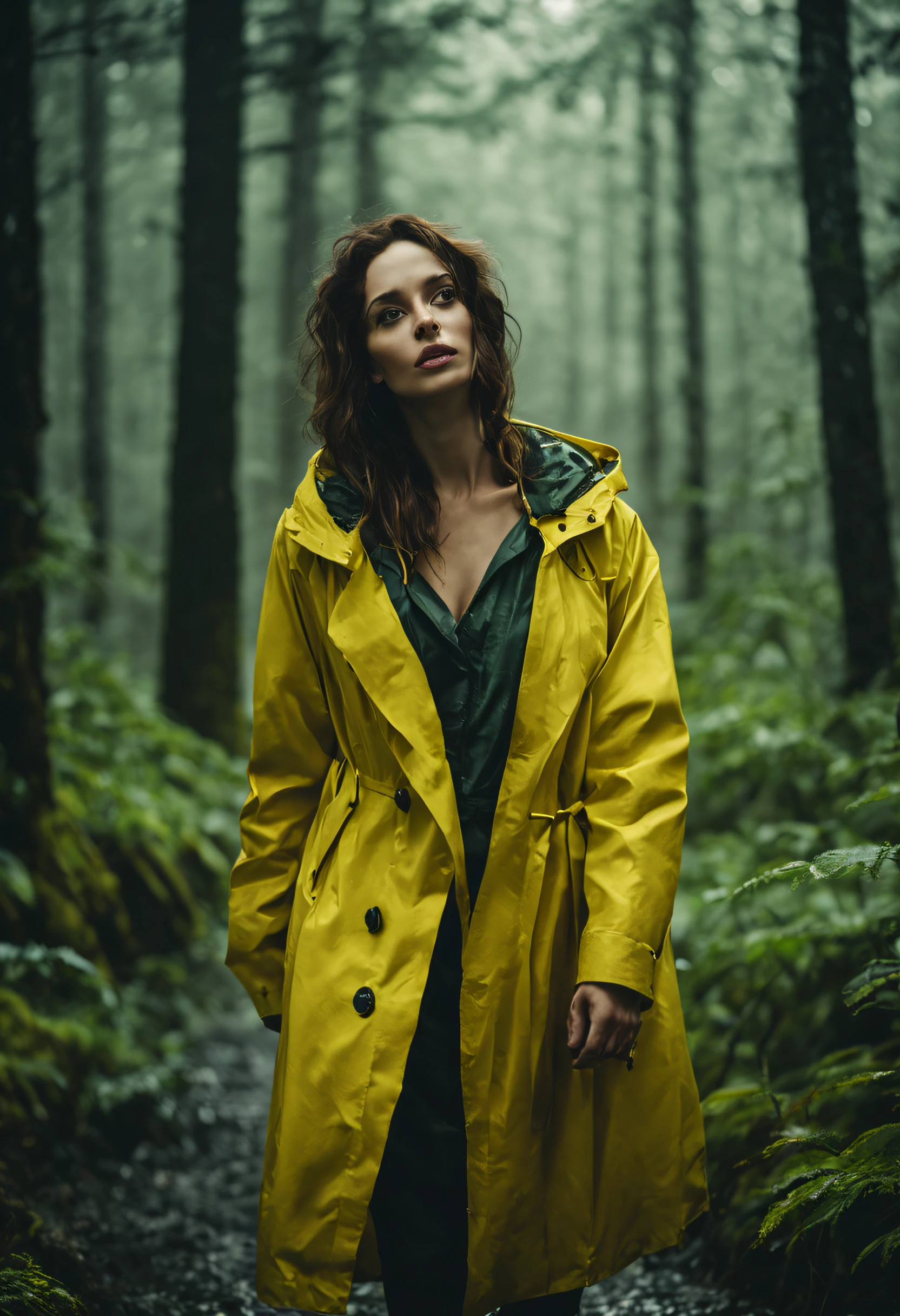 a beautiful woman in a yellow rain coat walking in a moody forest, cinematic, highest quality