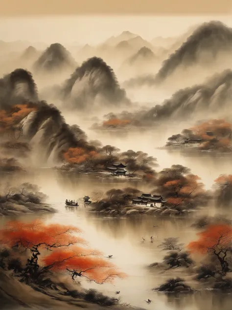 Scenery of the Yangtze River Delta region，Traditional Chinese painting、water ink、Brown tones、landscape、Ancient wind