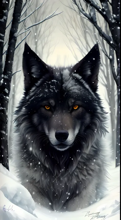 A closeup of a wolf in the snow near trees, Lobo Negro, Ele tem olhos de lobo amarelos, lobo, foto de lobo, lobo cinzento escuro, retrato do lobo da fantasia, grande lobo, Angielobo, Grim - Lobo, retrato do lobo, lone wolf, lobo peludo, Lobo em um campo de...