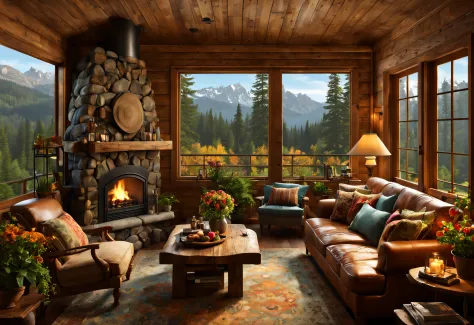 (best quality,4k,8k,highres,masterpiece:1.2),ultra-detailed,(realistic,photorealistic,photo-realistic:1.37),Mountain Cabin,cozy ...