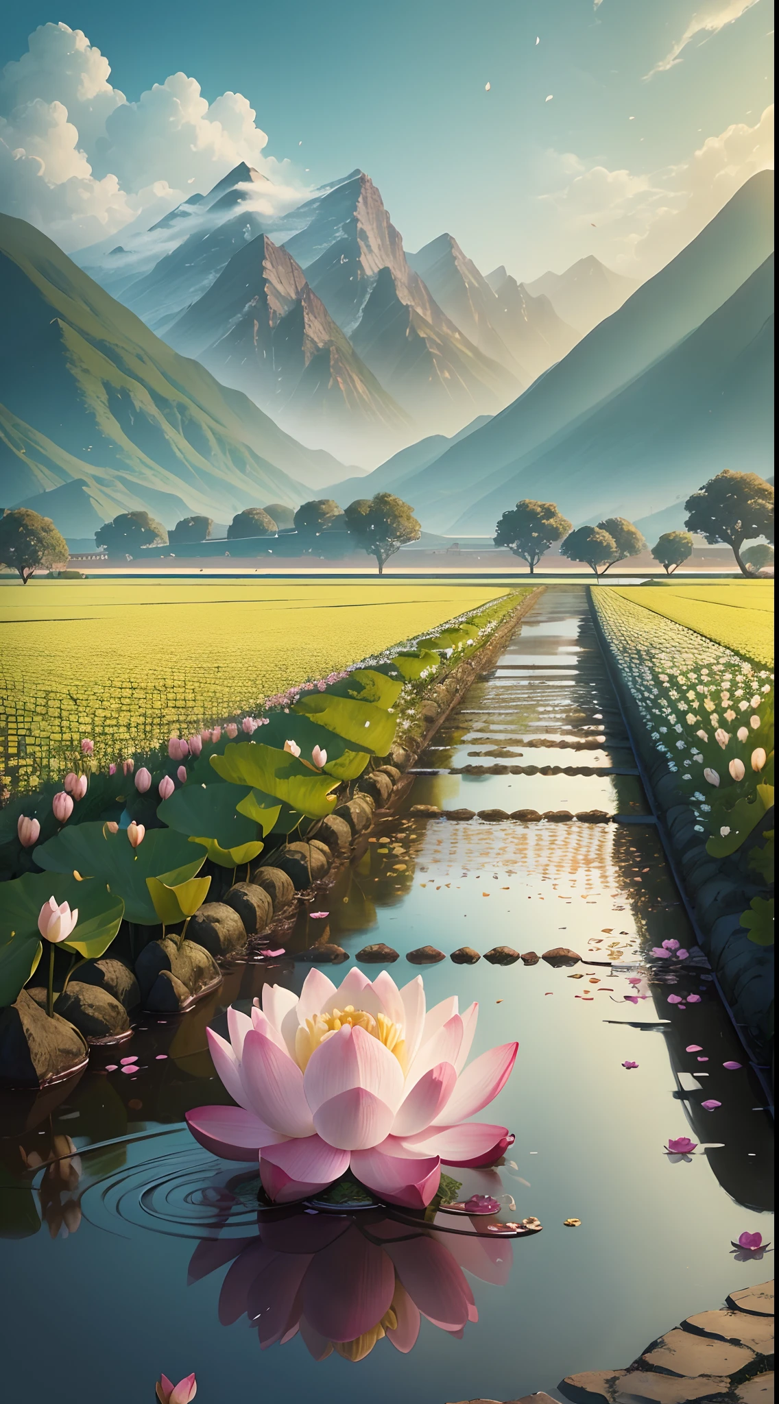 (Composition, Illustration, wide-shot) wide-shot, A lotus flower blooming((pure, one blossom)) in a field, ancient china, rivers mountains plum blossom petals in the background, camera focused on the flower, beautiful, elegant, super intricate, ultra detailed, best quality, 8k uhd, high resolution