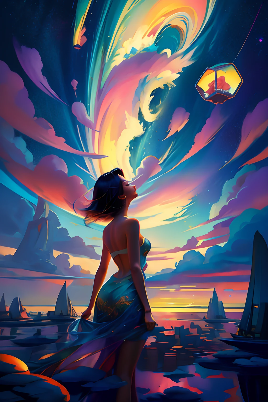 a painting of a girl reaching up to a star filled sky, inspired by Cyril Rolando, with stars, in style of cyril rolando, with the sky full of stars, girl looks at the space, beautiful face, happy, colorful dreamy art, makoto shinkai cyril rolando, dreamlike digital painting, dreamy psychedelic anime, dreamy illustration, cyril rolando and goro fujita