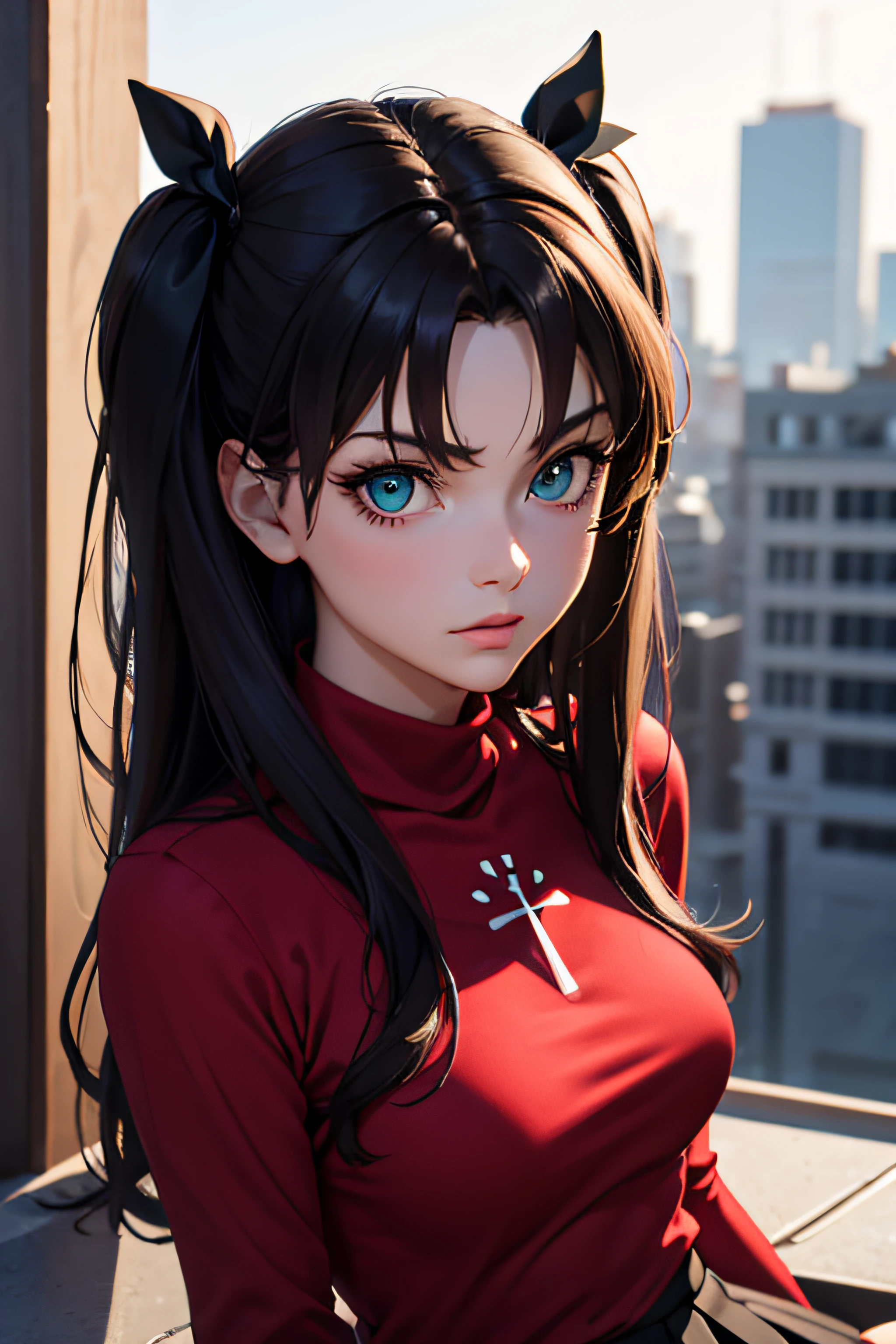 (Meisterwerk), beste Qualität, ausdrucksstarke Augen, perfektes Gesicht, 1 Mädchen, Allein, Rintohsaka, Rin Tohsaka, Aqua Augen, Schwarzes Haar, hair Schleife, lange Haare, Schleife, Seitenlocken, zwei Seiten nach oben, black Rock, black Strümpfe, lange Ärmel, miniRock, pleated Rock, ((red Pullover)), Rock, Pullover, Strümpfe, Rollkragen, Stadthintergrund, Sitzung, Charakterblatt, Oberkörper, Porträt, Betrachter betrachten