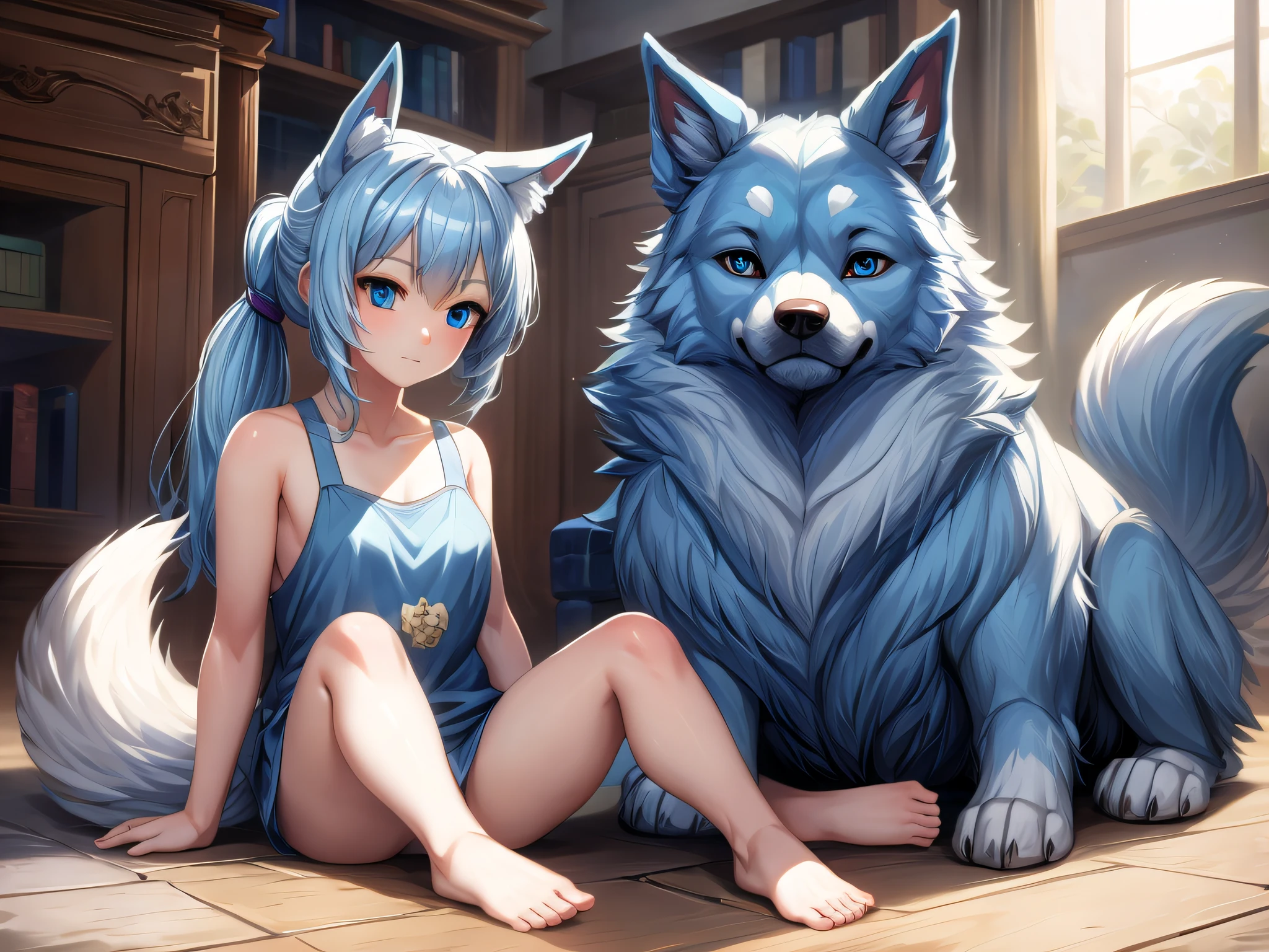 (Masterpiece) (High Detail) (High Res) A short humanoid girl with pale human skin and blue eyes and long blue hair in a ponytail and blue dog ears and a big fluffy dog tail is sat on the floor next to a Huge Fluffy White Canine Feral Dog with White Fur and a big fluffy white tail. Feral Dog. Size Difference.