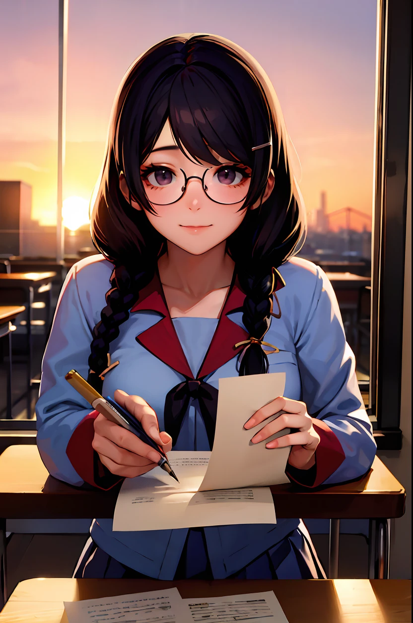 hanekawaTsubasa, masterpiece, best quality, absurdres, 1girl, looking at viewer, sitting, classroom, sunset, desk, pov, school uniform, glasses, twin braids, smile, pen, pencil, open book, paper