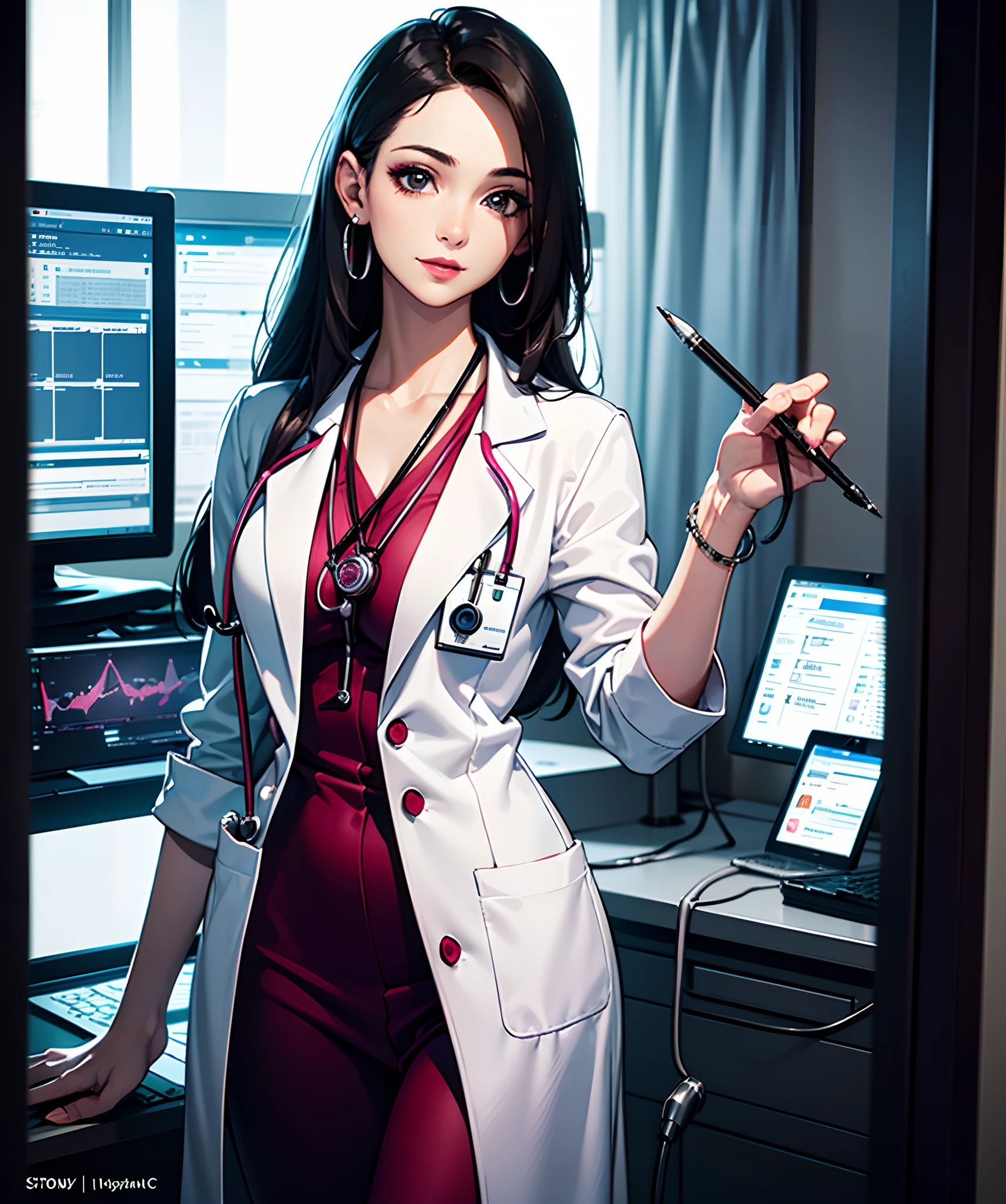 (best quality,8k,masterpiece:1.2),ultra-detailed,(realistic:1.37),A beautiful doctor girl,sexy doctor,hot doctor,sexy pose,hospital,doctor dress,intricate details,highly detailed,sharp focus,vivid colors,professional,hospital setting,modern medical equipment,medical instruments,medical environment,indoor scene,high-tech atmosphere,confident expression,proud stance,attractive appearance,pleasing aesthetics,charming smile,alluring eyes,beautiful lips,graceful figure,distinguished presence,impressive posture,intelligent look,long hair,stylish hairstyle,sophisticated makeup,exquisite jewelry,stethoscope,writing pad,pen,medical charts,patient's information,computer monitor,reflections,glowing lighting,soft shadows,calm ambiance.