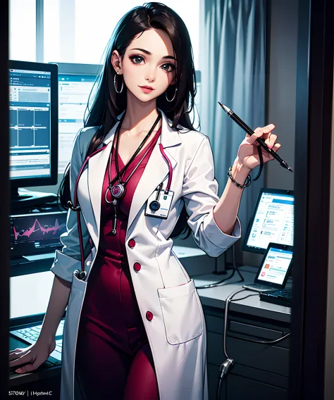 (best quality,8k,masterpiece:1.2),ultra-detailed,(realistic:1.37),A beautiful doctor girl,sexy doctor,hot doctor,sexy pose,hospital,doctor dress,intricate details,highly detailed,sharp focus,vivid colors,professional,hospital setting,modern medical equipme...