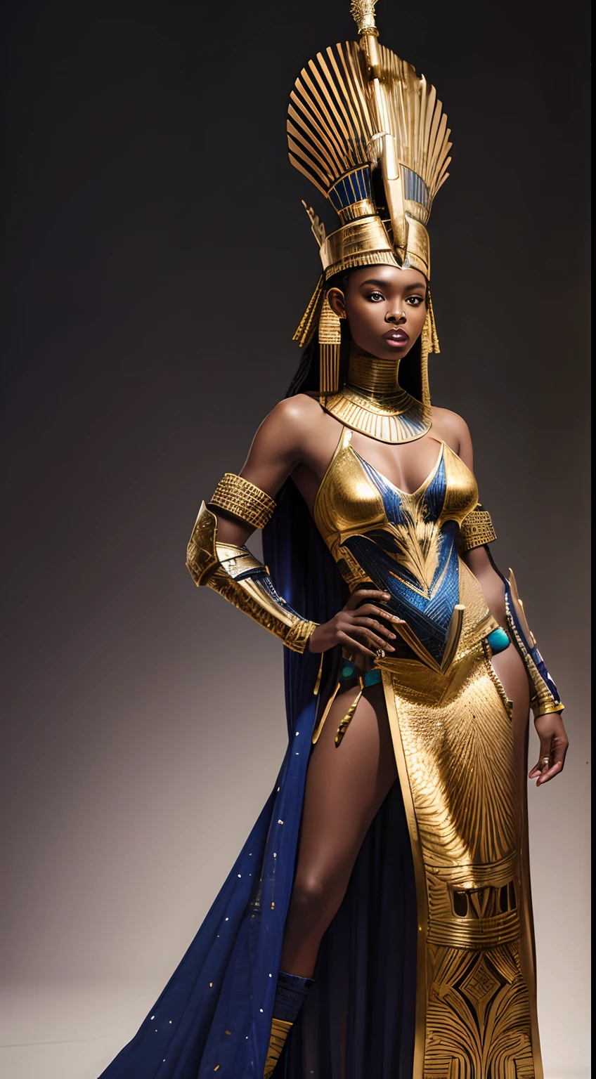Rainha guerreira africana afrofuturista em traje de segunda pele imitando armadura em peças espelhadas com desenho egípcio e coroa semelhante de Nefertiti