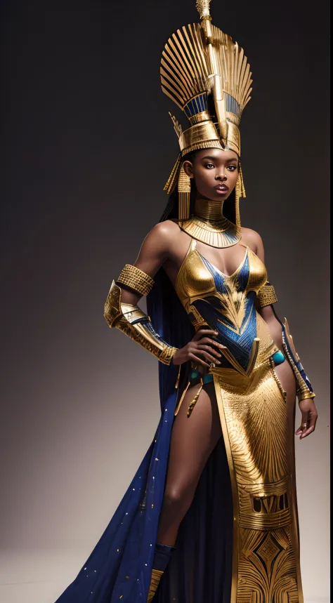 Afrofuturistic African warrior queen in second-skin costume imitating armor in mirrored pieces with Egyptian design and similar crown of nefertiti