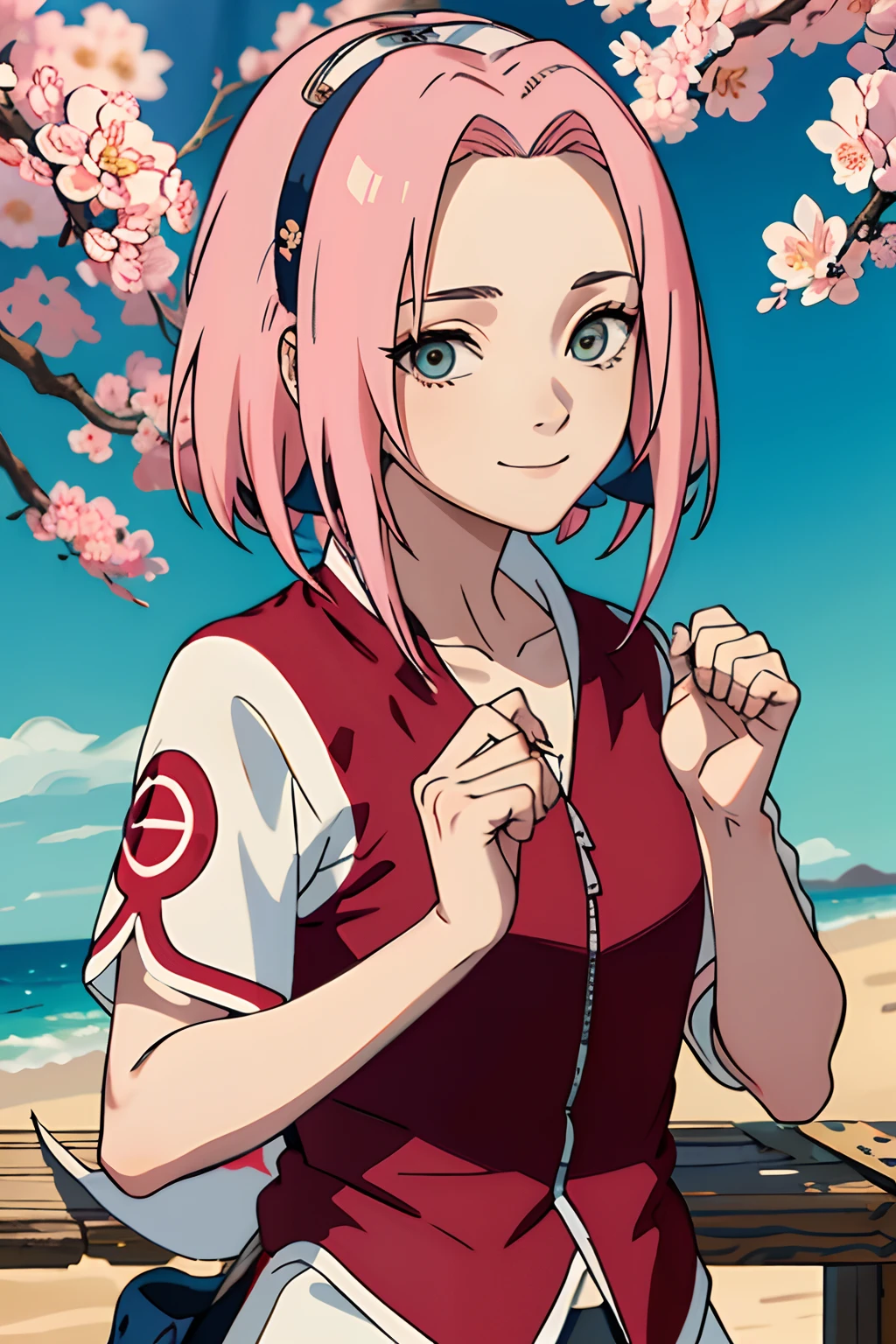 tmasterpiece， The best quality at the best， 1girll， Sakura Haruno， BIG BREASTS，Off the shoulder clothing，（neckline)，（Closeup of upper body)，Sexy servant，is shy，smile，with pink hair， Long whitish hair， （Green eyeballs:1.4)， forehead protection， the cherry trees，cherry blossoms flying，Red clothes，Half zipper