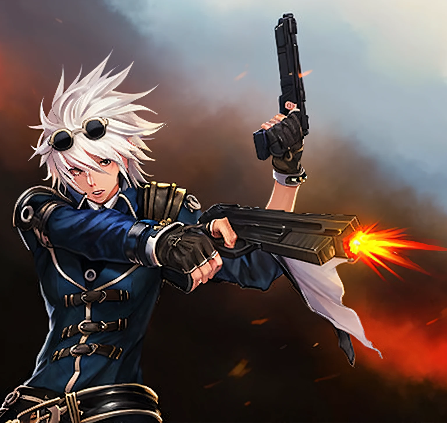 Anime character with gun and goggles holding a fireball, thancred waters in style of wlop, trigger anime artstyle, hero 2 d fanart artsation, 2D game fanart, anime machine gun fire, thancred waters, Epic anime style, eye-catching detailed art style, Detailed game art, 2 d digital video game art, character art the contra, detailed game art illustration