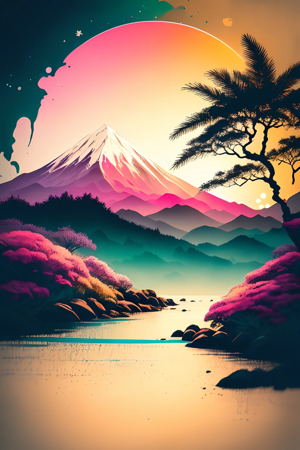 Circular design for a T-shirt, circular frame, (The best quality,4k,8k,High Resolutions,masterpiece:1.2),neon, synthwave,ultra detailed,(realist,fotorrealist,fotorrealist:1.37),neon, synthwave, retro,Sunset landscape with mountains and palm trees,Soft color tones,soft lighting