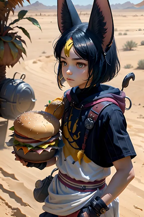 one boy, has long fox ears, walking in the desert, has a burger on his head