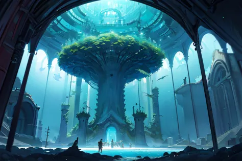 masterpiece, high quality, ocean forest, city, fantastic fantasy, glowing plants, coral viaduct, (swarm of glowing jellyfish), (...