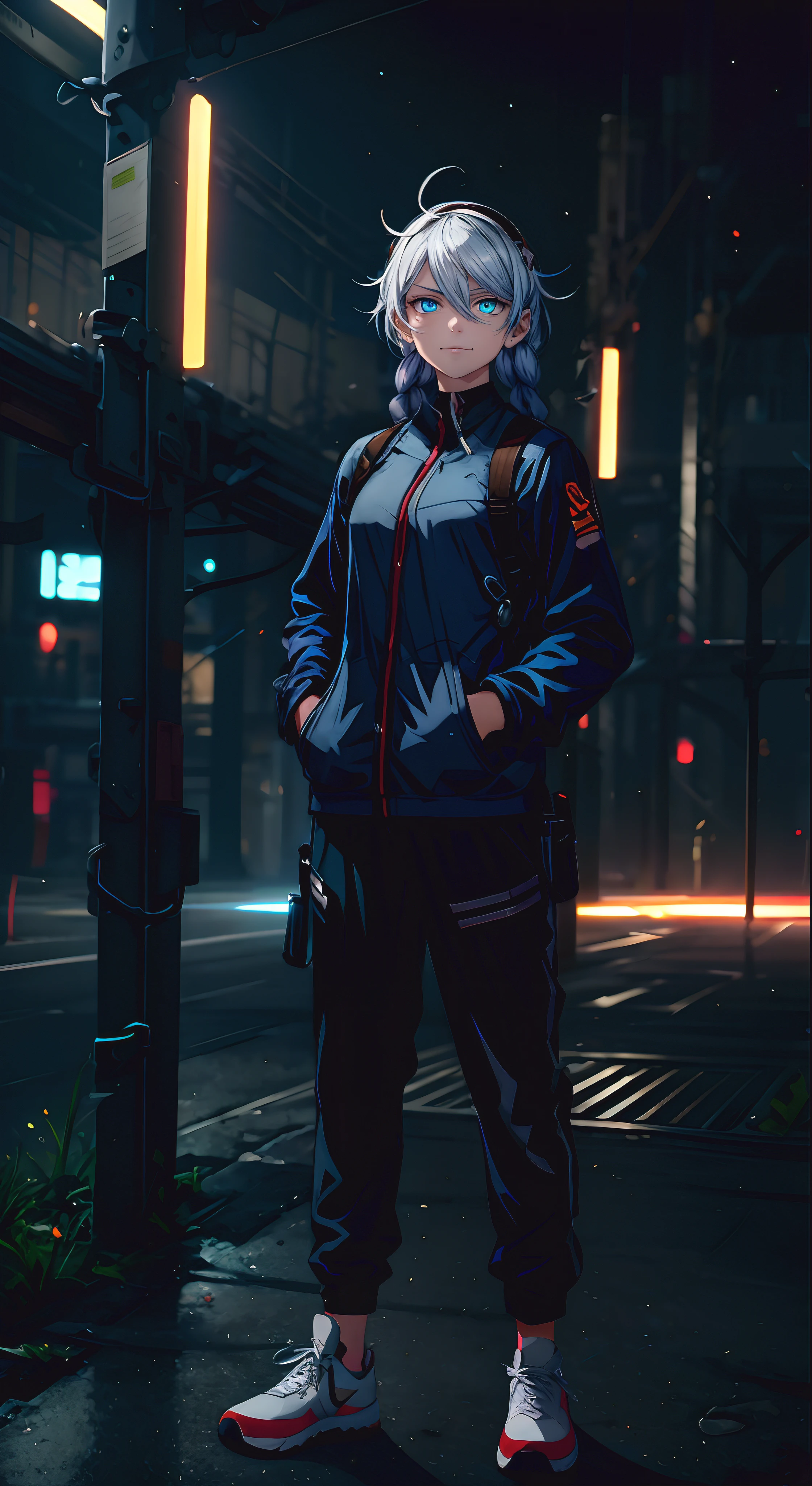 kiana, twin braids, hairband, sweating, glowing eyes, heavy breathing, 1girl, shoes, hands_in_pockets, full_body, sneakers, solo, pants, graffiti, looking_at_viewer, standing, nike, hand_in_pocket, alternate_costume, glow effects, godrays, Hand drawn, render, 8k, octane render, cinema 4d, blender, dark, atmosphersic 4k ultra detailed, cinematic, Sharp focus, big depth of field, Masterpiece, colors, 3d octane render, 4k, concept art, trending on artstation, hyperrealistic, Vivid colors, extremely detailed CG unity 8k wallpaper, trending on CGSociety, Intricate, High Detail, dramatic,