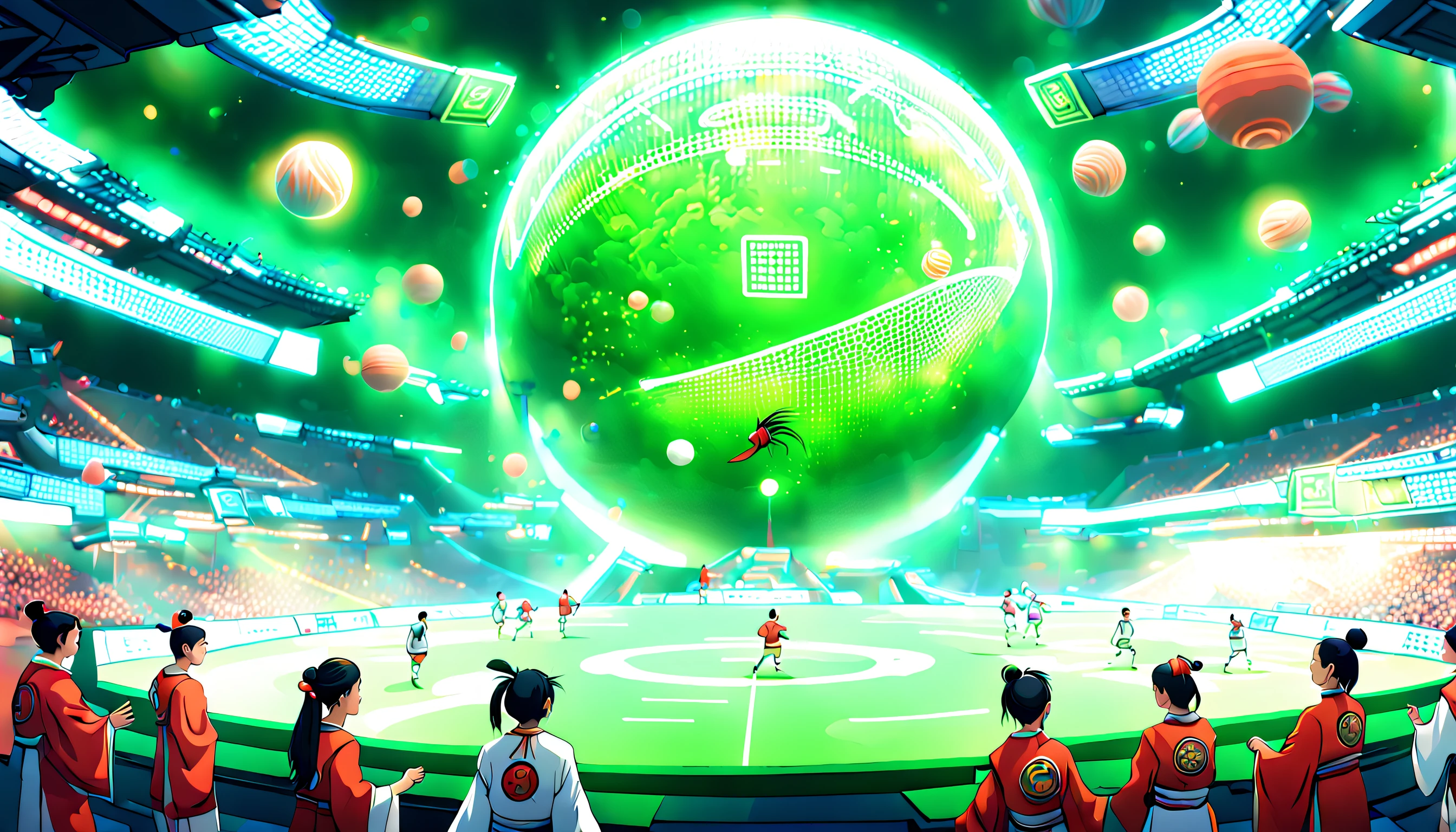 The scene takes place in a lush, vibrant landscape, where the combination of ancient and futuristic elements creates a unique, harmonious atmosphere. The colors used are rich and vivid, allowing the viewer to fully immerse themselves in this fascinating world. In the foreground, a group of skilled, diverse athletes from various time periods come together to engage in a thrilling game of cuju, an ancient Chinese soccer-like sport. They're dressed in a combination of traditional ancient Chinese clothing and futuristic sports gear, showcasing the best of both worlds. The game takes place on a high-tech, green, sustainable field with floating energy recharge platforms, interactive scoreboards, and advanced training equipment providing players with real-time feedback. The spectators are a blend of ancient and futuristic individuals, cheering the players on and celebrating the fusion of different eras. The final touch is a sky filled with celestial bodies, both familiar and fantastical, embodying the dreamlike quality of this ancient-future realm.