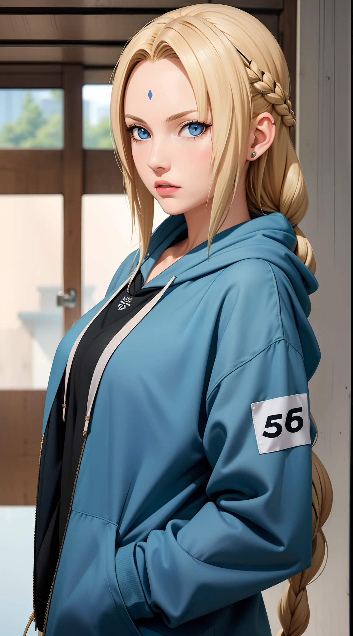 masterpiece, best quality, ultra-detailed, 1girl, upper body, 
long hair, blonde hair, french braid, blue eyes, blunt bangs, 
Wearing Streetwear Hoodie, stylish,
medium breast, cool attitude 
looking at viewer, Tsunade \(shippuden\)