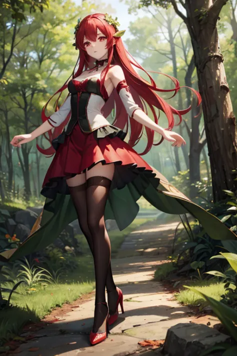 Skinny young dryad with red eyes and crimson hair in the middle of the forest wearing heels