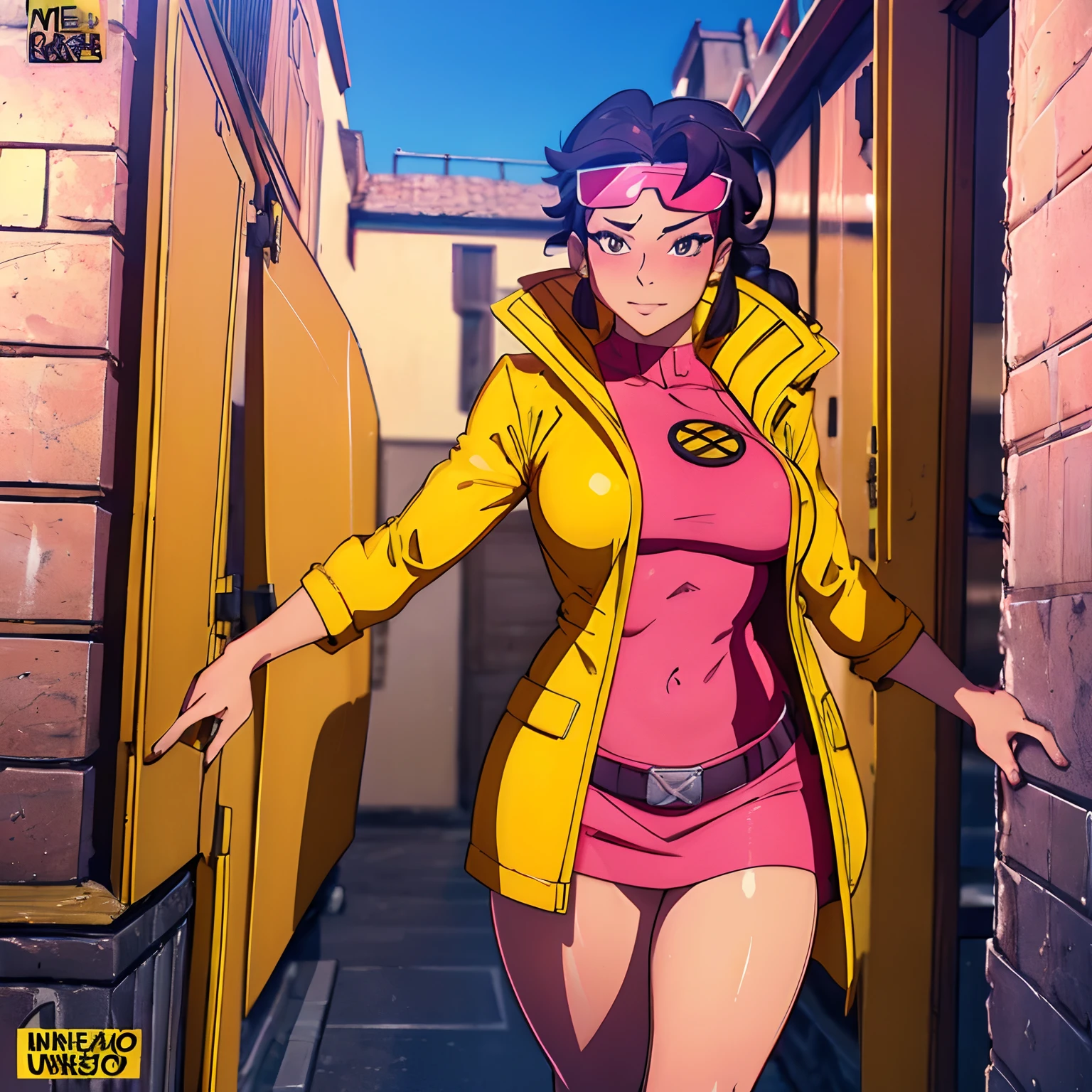 Jubilee , sexy hot , wide picture, yellow coat, full body potrait single braid, medium breasts, blush, (((masterpiece))), (((The best quality))), ((ultra detailed)), (Highly detailed CG illustration), ((an extremely delicate and beautiful)), cinematiclight,((1chica)), only, (back of body), (Character focus), absurdities, high contrast, extremely detailed, Color, highest detailed, Science-Fiction, Skinny body, , sexy posture, he grabs his hair, pink glasses, add detail