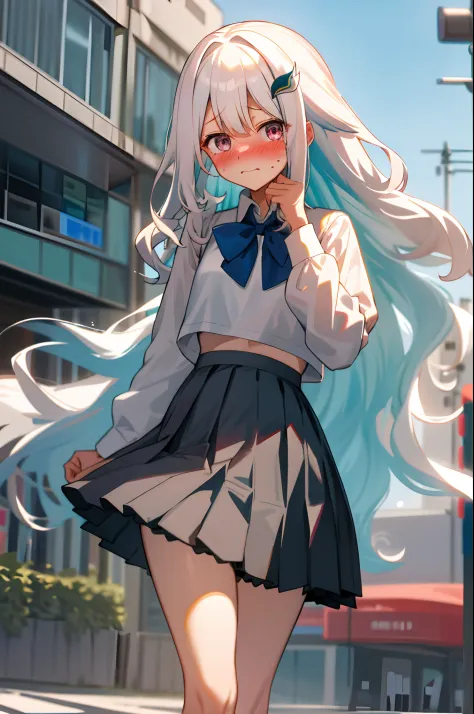 One girl with long wavy hair, white hair, looking at viewer, embarrassed, blushing, tears, outdoor , road, school bicycle, white shirts, bow tie, pleated skirt , black skirt, mini skirt, midriff, thigh, perfect waist, noon atmosphere, hair ornament, standi...