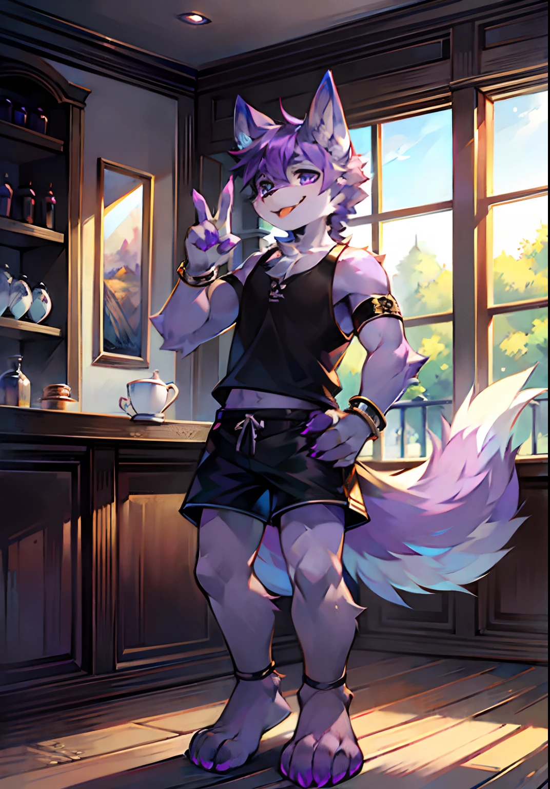 High Picture Quality，coffeehouse，potted，mid day，blue-sky，Single player，Wolf animal human form，musculature，No spot，male figure，Full body standing painting，short detailed hair，light purple fur，Deep blue wolf ears，Hairy wolf tail，Deep gray tail root，White tail tip，Dark purple arm，lavender paws，Hands in peace sign with just two finger up，The limbs are wolf paws，4 purple fingers，4 purple toes，Look to the left，Happy expression with tongue hanging out slightly，Black clothes，Black  shorts，A silver bracelet，stand posture。