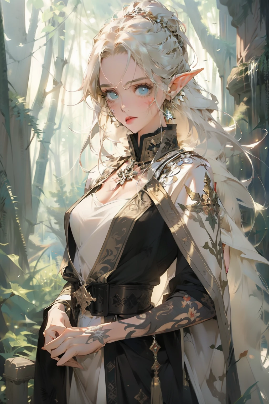 1girl, elf, platinum blond hair, small breasts, shy, dress, in a fantasy forest, cleric, tattoos