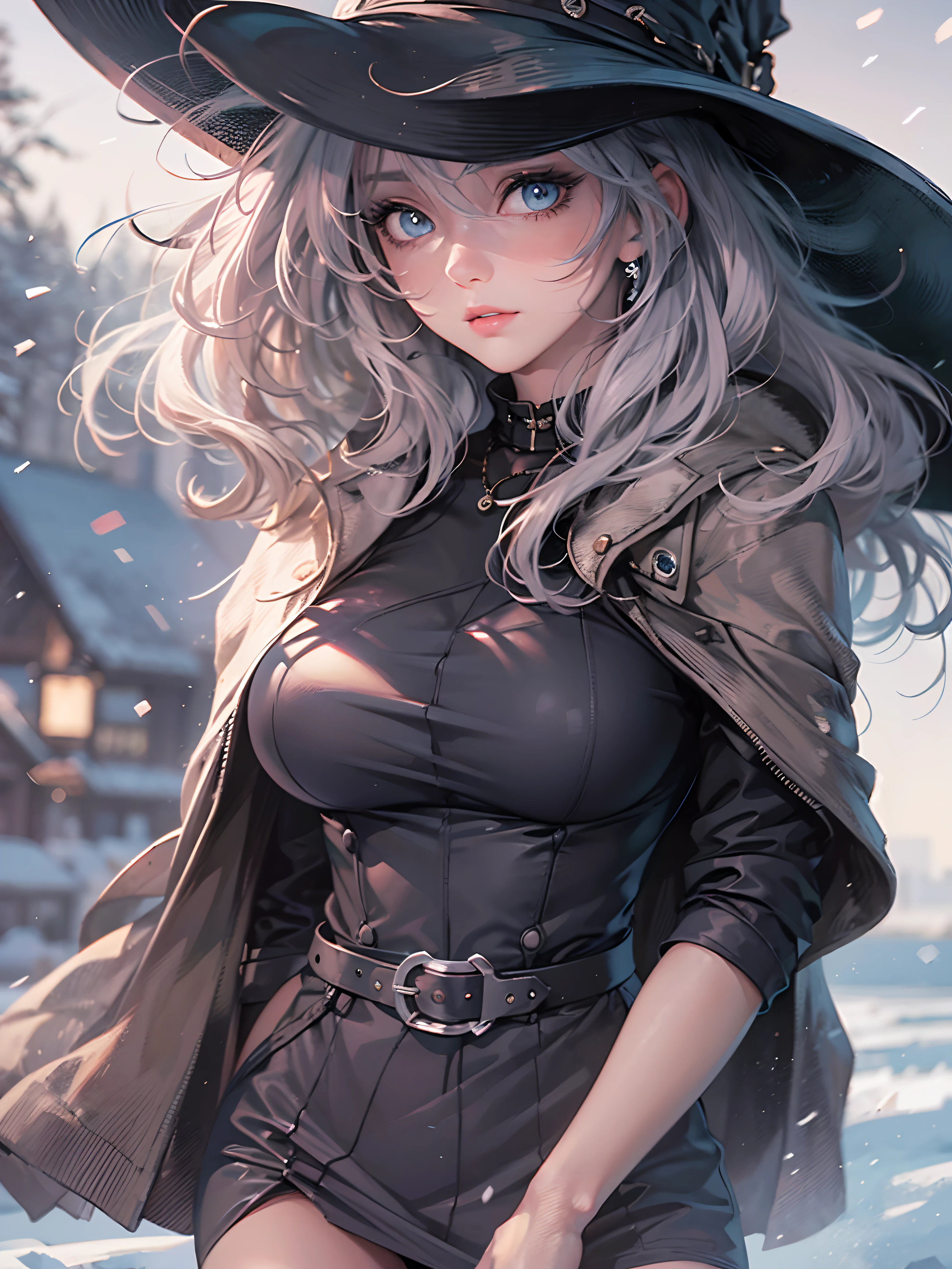 Anime girl in a witch hat and black outfit in the snow - SeaArt AI