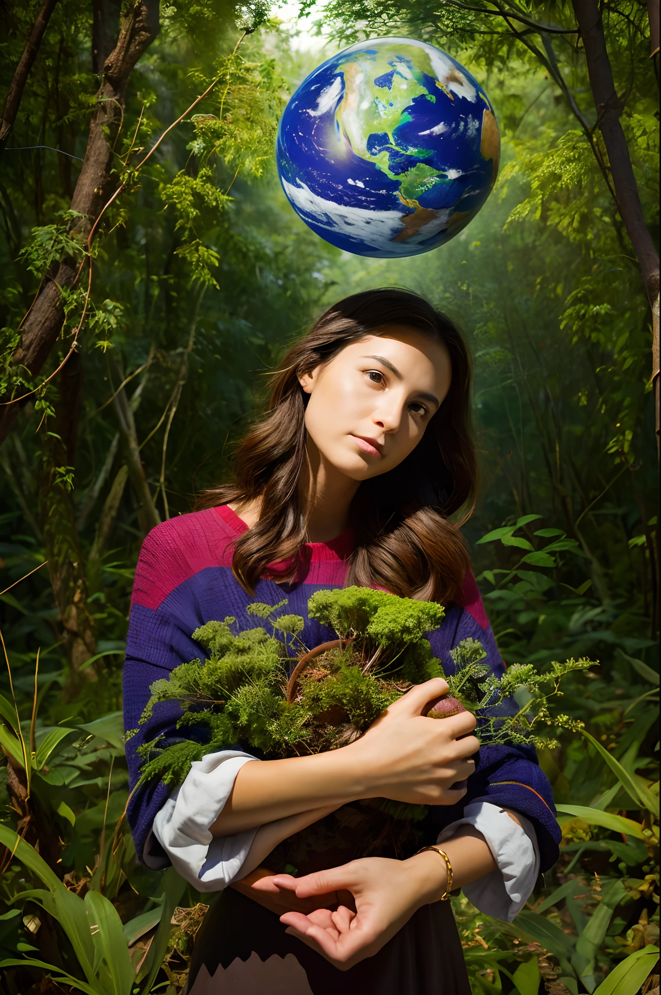 Mujer abrazando el planeta tierra en sus manos, madre Tierra, obras de arte ambientales, Arte ambiental, arte ecológico, Retrato ambiental, Mitología de la Deusa de la Tierra, energía eléctrica, y zancos en colores vibrantes