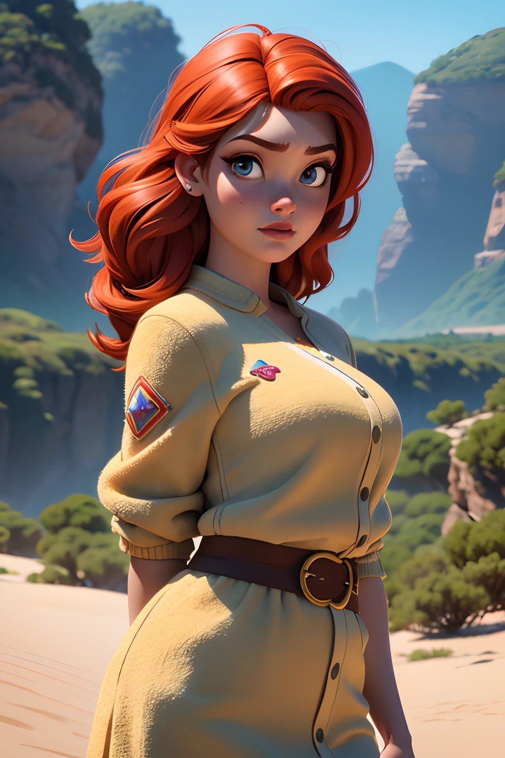 (Pixar-style: 1.25) a waist-length portrait of a woman , redheadwear, 1girl, natural skin texture, textures 4k, hdr, intrikate, highy detailed, sharp focus, cinematic visual, hyperdetailed