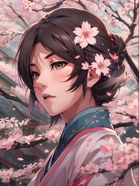 Capture the essence of Haruna Sakura, the enigmatic Japanese anime character, in a cinematic masterpiece. Depict her in a pivota...