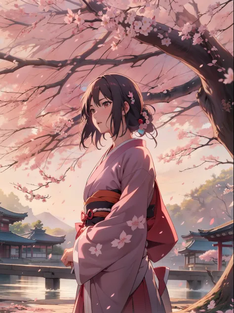 Capture the essence of Haruna Sakura, the enigmatic Japanese anime character, in a cinematic masterpiece. Depict her in a pivotal moment of her journey, surrounded by the beauty of cherry blossoms and her unwavering determination. Let your art or words bri...