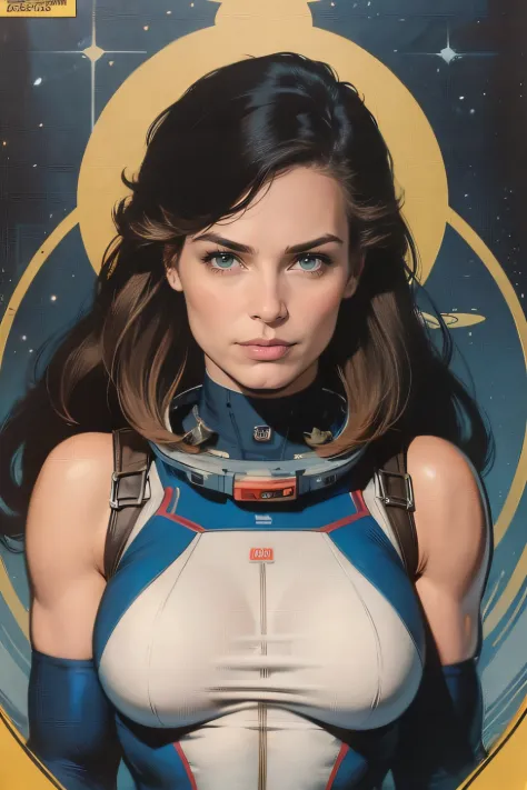 (masterpiece), best quality, bersek, french face, (upper body), courageous woman with shoulder length hair, intricate spacesuit, (perky breasts), (dutch angle), warm palette, (👩‍🚀), space station,comics