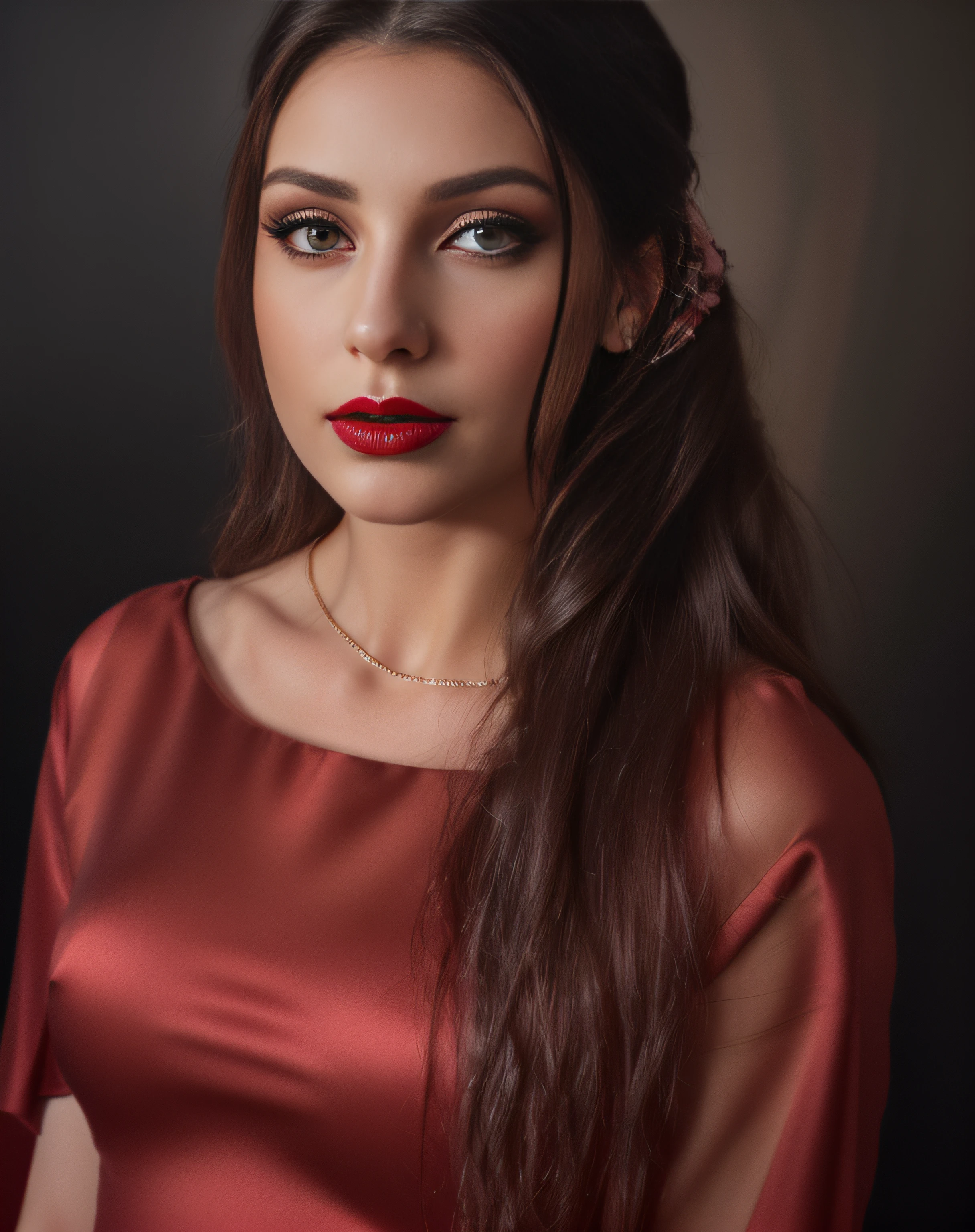 (Best quality, realistic: 0.5, in blouse), red lips, sexy, long hair, black eyes, happy, full body, detailed eyes and lips, bold expression, refined, strong lighting, ultra-fine painting, professional, erotic, sharp focus, vivid colors