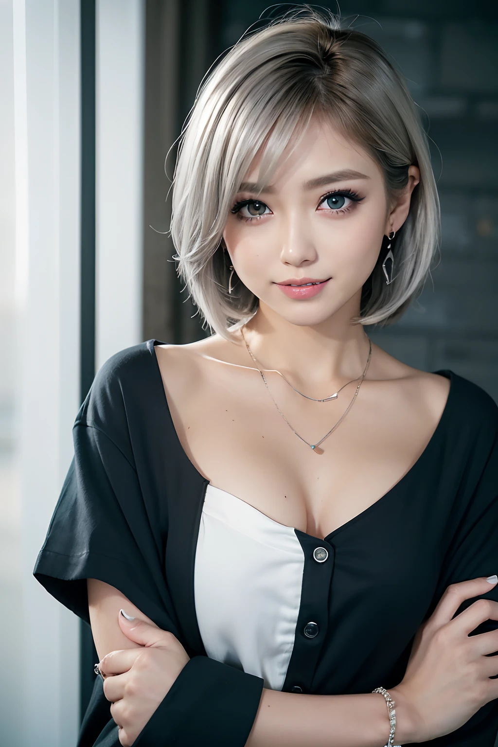 Masterpiece, 8K, award-winning photos, photorealistic, realistic, ultra detailed, ultra high definition, ray tracung, 
__
the most beautiful, 22 years old ,(sexy,Japanese idol, gray hair, short hair),shiny skin , detailed skin , detailed face , detailed eyes ,
__

__
 (droopy eyes, Natural makeup,smile:1.3),glistening teeth,
__
glowing blue eyes, tan skin,
__
BREAK (black theme:1.4), (tucked out and button-up oversized black collared-shirt with black shirt-hem:1.5), (long sleeves:1.2), ((collarbone, wrist):1.3),
BREAK (White theme:1.2), (White tight long-pants:1.2), (ankle:1.3), (high heels:1.2), ((necklace, earrings):1.2),
__
at a shopping mall, highly detailed background, , ultra-realistic textures, dramatic lighting ,raw photo, 1girl,